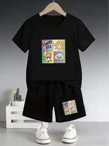 Lankybox Cartoon Paper Box Cat-Themed Cute Four-Panel Printed Children's Set. Summer New Style Boys' And Girls' Short-Sleeved T-Shirts + Shorts 2-Piece Set. Comfortable, Casual, Fashionable And Versatile For Daily Wear. The Best Choice Gift Giving