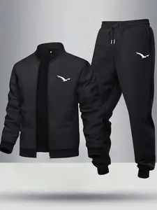 Men's 2 Piece Bird Graphic Print Bomber Jacket & Jogger Pants Set, Spring Fall Casual Outdoor Wear, Fitted Moderate Fabric