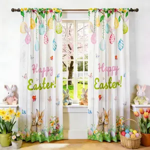 2-piece set: Colorful Easter eggs and cute rabbit-print semi-transparent curtains, pole bag curtains, suitable for living room, bedroom and home decoration. Hand washable, hookless.