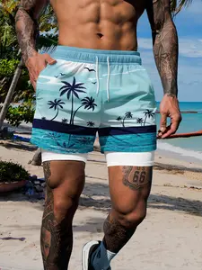 Men's Summer New Tropical Horizon Double Layer Swim Trunks Beach Pants, Wave Coconut Tree Print, Quick-Dry Breathable, Casual Vacation Wear