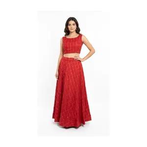 #K13 Stunning Red Checkered Two-Piece Lehenga Set