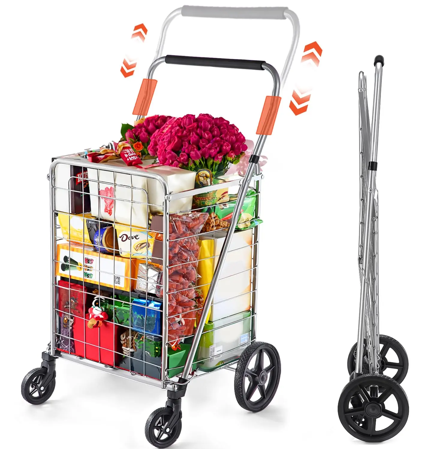 WELLMAX Foldable Metal Frame Shopping Cart - Heavy-Duty Lightweight Manual Utility Trolley with Swivel Wheels, Expandable Compact Design, Foam Padded Adjustable-Height Handle, Rectangular High-Capacity Basket (24"x18"x16", 90 lbs) for Cleaning, Gardening,