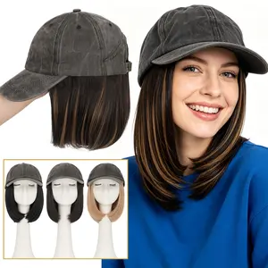6in Fashion Baseball Cap with Hair Extensions for Women Heat Resistant Synthetic Adjustable Short Straight Hairpiece Replacement Bob Wigs in Black Gray Hat for Girls Women