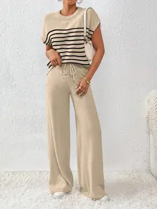 Women's Striped Print Sweater Top & Drawstring Waist Pants Set, Casual Short Sleeve Top & Wide Leg Pants Set for Daily Wear, Ladies Two-piece Outfits for All Seasons, Womenswear, Clothes