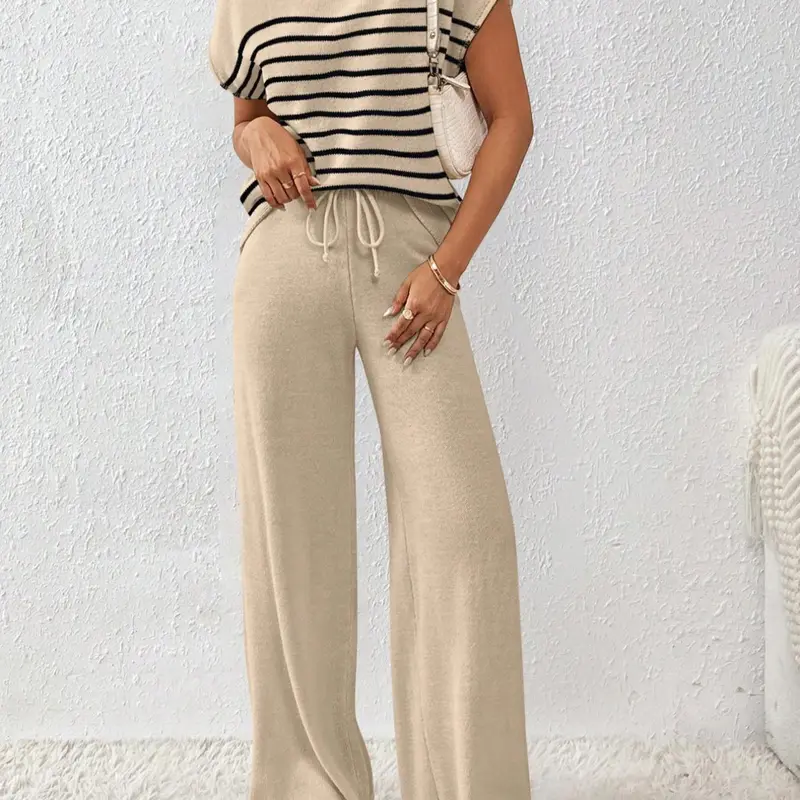 Women's Striped Print Breathable Lightweight Fabric Round Neck Sweater Top & Drawstring Waist Pants Set, Striped Lounge Set, Casual Short Sleeve Top & Wide Leg Pants Set for Daily Wear, Ladies Two-piece Outfits for All Seasons