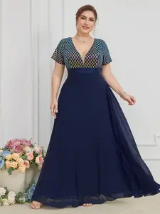 Elegant Plus Size V-Neck Sequined Waist Cinching Fit Chiffon Dress, Big Swing Evening Party Gown, Women's Formal Prom Dress, Formal Wear