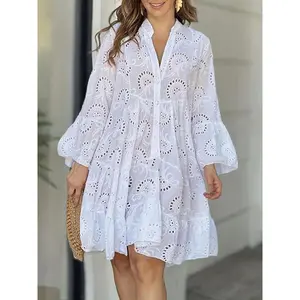 Plain Eyelet Embroidery Notched Neck Smock Dress, Elegant Flounce Sleeve Button Front Short Dress for Vacation Holiday,  Embroidered Dress,  Dress for All Seasons, Women's Clothes for All Seasons, Holiday Dresses