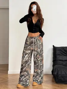 PLUS size Floral Pants Women Comfy Loungewear Leaf Design Light Fabric Soft Stretchy Joggers Spring Summer Casual Outfit Beach Holiday Vibes Hip-hop style