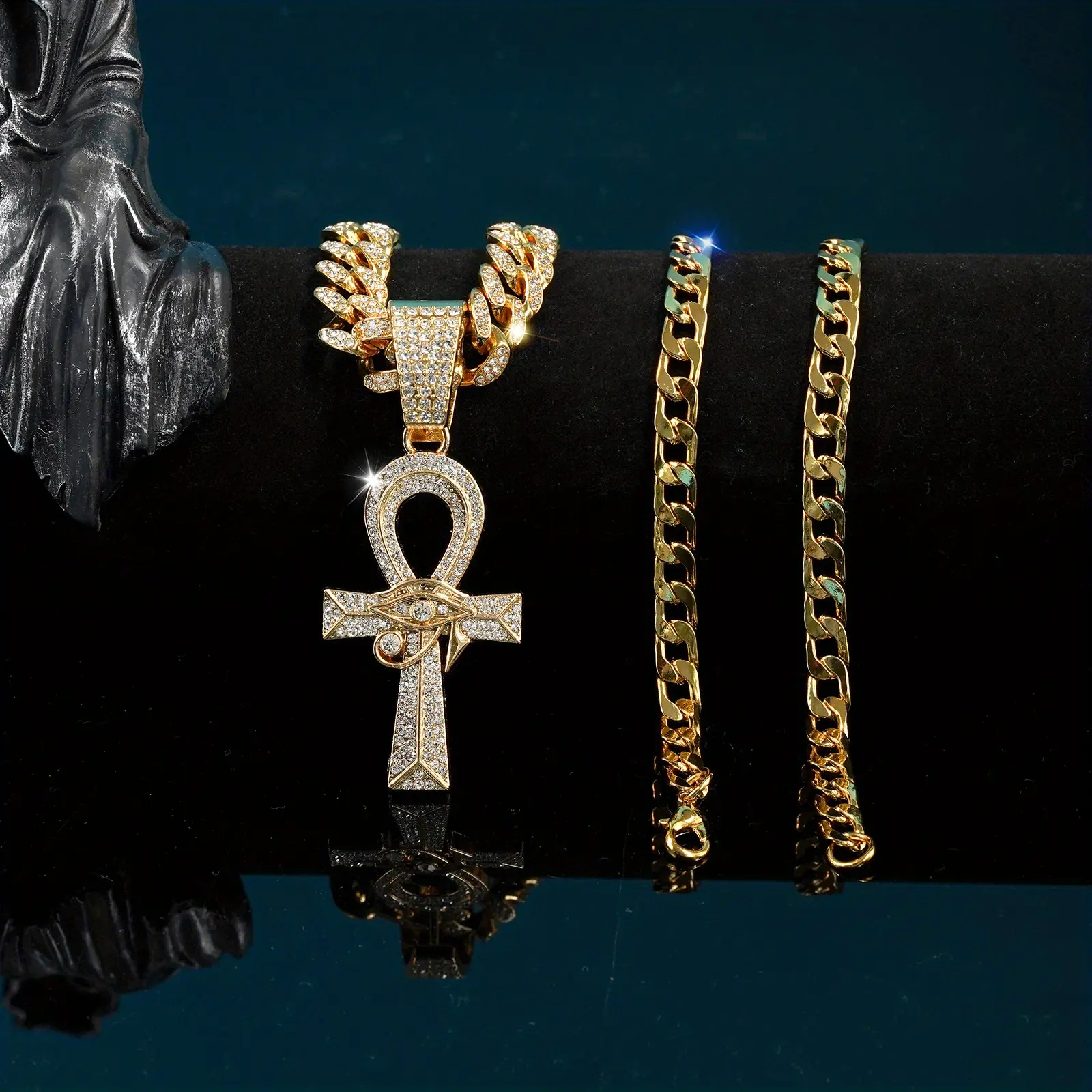 3Pcs Set of Frozen Eye of Horus Ankh Cross Necklace - Hip Hop Rock Style Durable Fashion Jewelry, Exquisite Design, Unisex Amulet Fashion Jewelry Gift Box