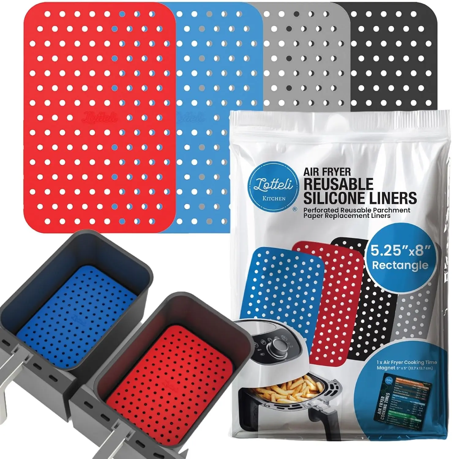 Lotteli Kitchen Reusable Air Fryer Liners, Rectangle, 4 Pack | Air Fryer Accessorie - 5.25 x 8in Silicone Liners for Dual Baskets - Non-Stick, No More Scrubbing