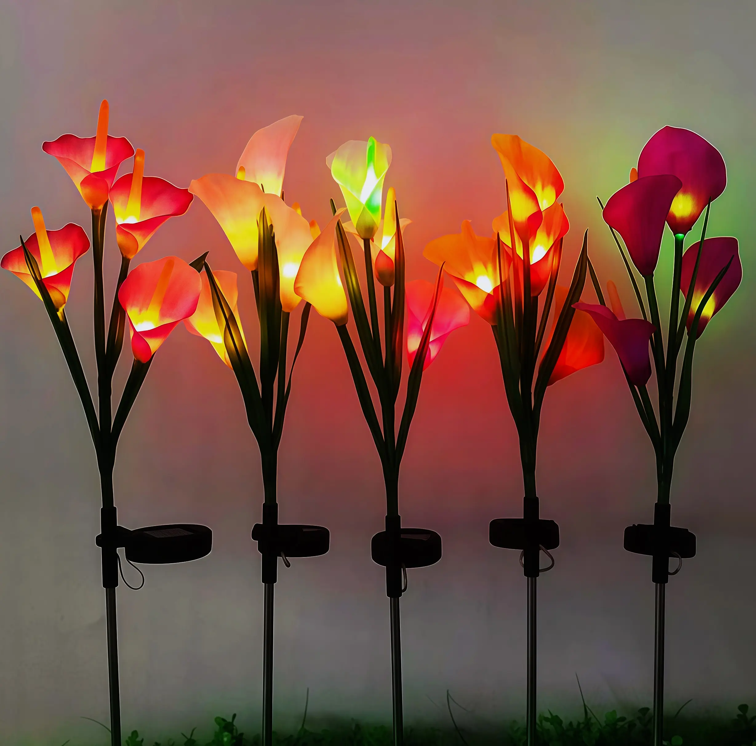 Artificial Luminous Calla Lily 27 inches RGB Red Flowers Waterproof IP65 Solar Powered for Lawn Courtyard Decoration