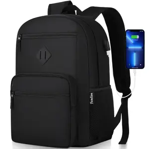 YAMTION Unisex Multi-Function Black Casual Backpack - Water-Resistant, USB Charging Port, Fits 16-Inch Computer for Work & School