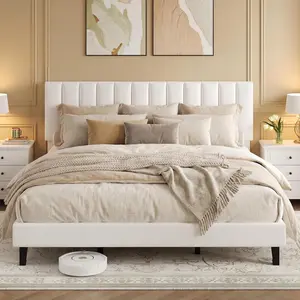 King Size Bed Frame, Velvet Upholstered Platform Bed with Adjustable Vertical Channel Tufted Headboard, No Box Spring Needed, Easy Assembly, White