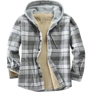Cotton Plaid Shirts Jacket Fleece Lined Flannel Shirts Button Down Jackets with Hood for Men