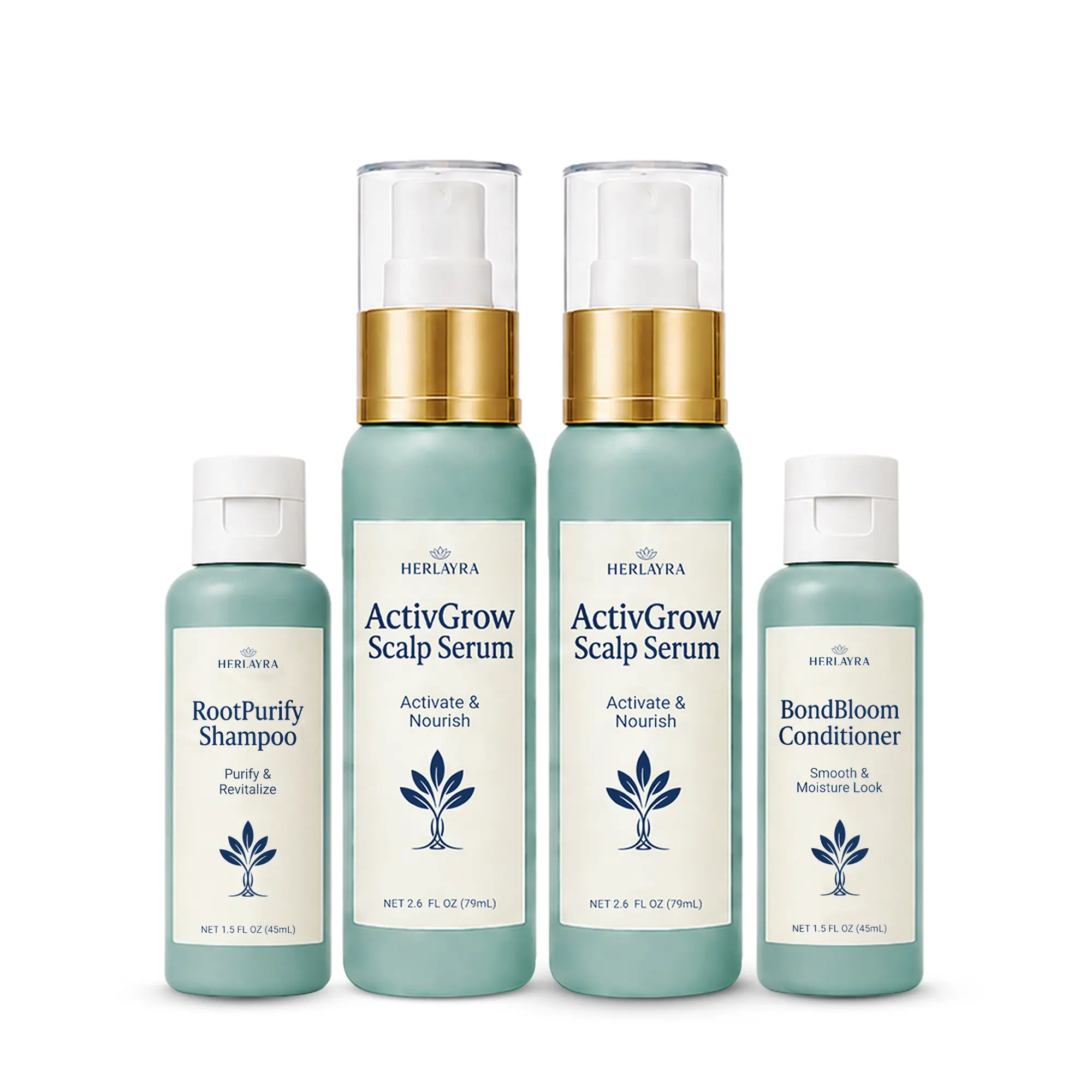 Herlayra - Daily Scalp Ritual - Core – Supports Stronger, Fuller-Looking Hair – 3-Step Starter Set with 2x Scalp Serums (2.6 fl oz), Mini Shampoo & Conditioner (1.5 fl oz) - Paraben & Silicone Free