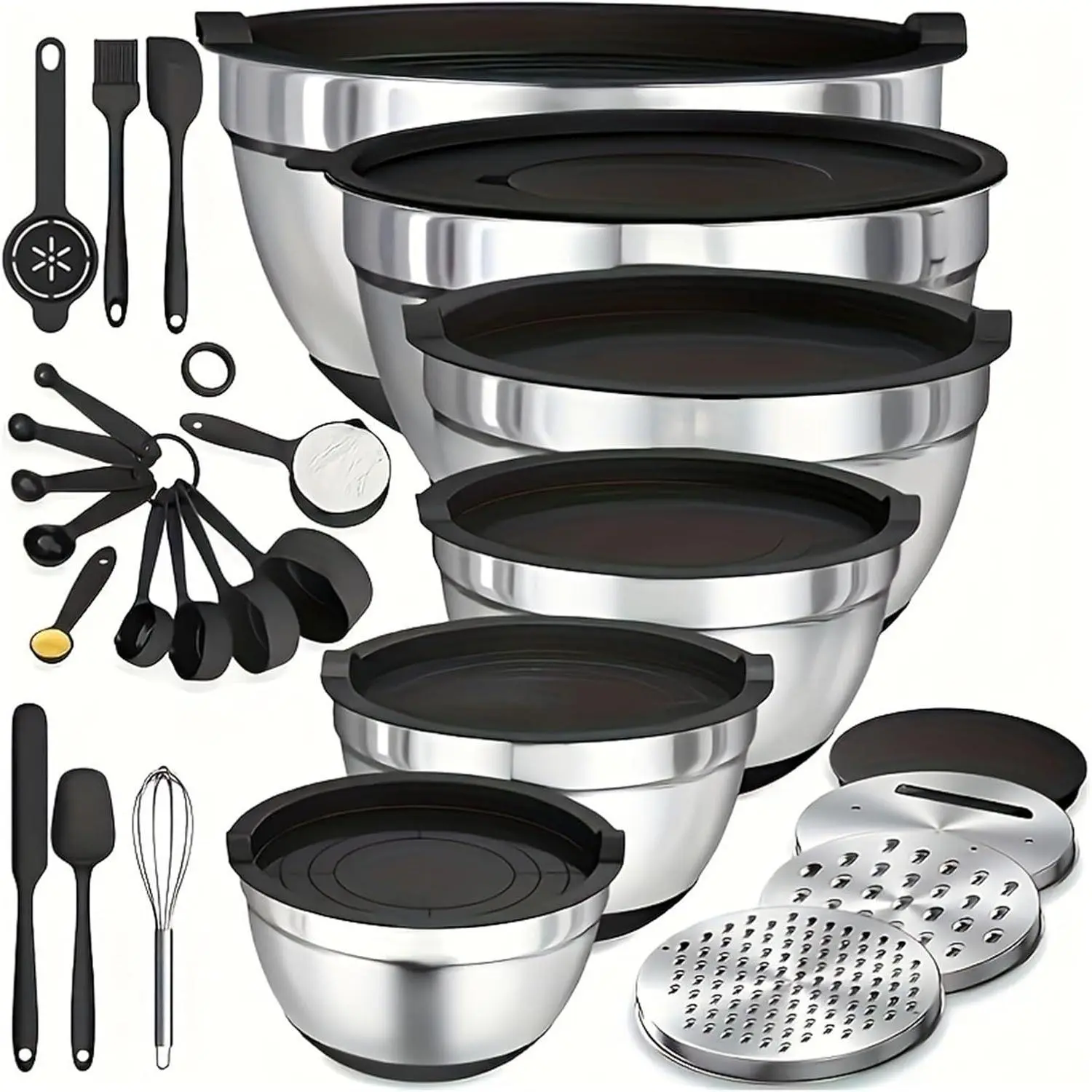 23PCS Rust-Resistant Nesting Stainless Steel Mixing Bowls Set with Lids, Graters, Whisk, Measuring Spoons - Home Cooking Prep Utensils for Modern Kitchen Bakeware