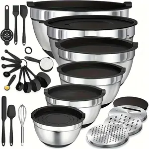 Kitchen Baking & Prep Set 21PCS | Stainless Steel Mixing Bowls, Lids, Graters, Whisk & Utensils, Stackable Organizer