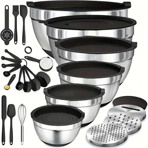 23PCS Multi-Size Round Nesting Rust-Resistant Stainless Steel Stackable Mixing Bowls Set with Fresh-Keep Lids, Graters, Whisk, Measuring Spoons, Spatula - Kitchen Utensils for Any Kitchen Cooking, Baking Pan Prep