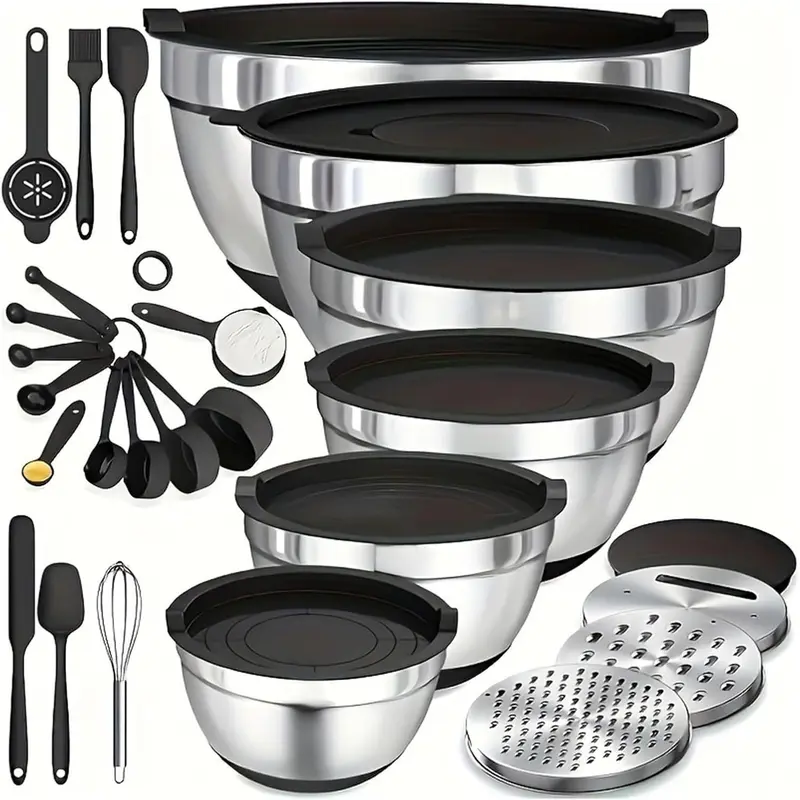 23PCS Multi-Size Round Nesting Rust-Resistant Stainless Steel Stackable Mixing Bowls Set with Fresh-Keep Lids, Graters, Whisk, Measuring Spoons, Spatula - Kitchen Utensils for Any Kitchen Cooking, Baking Pan Prep