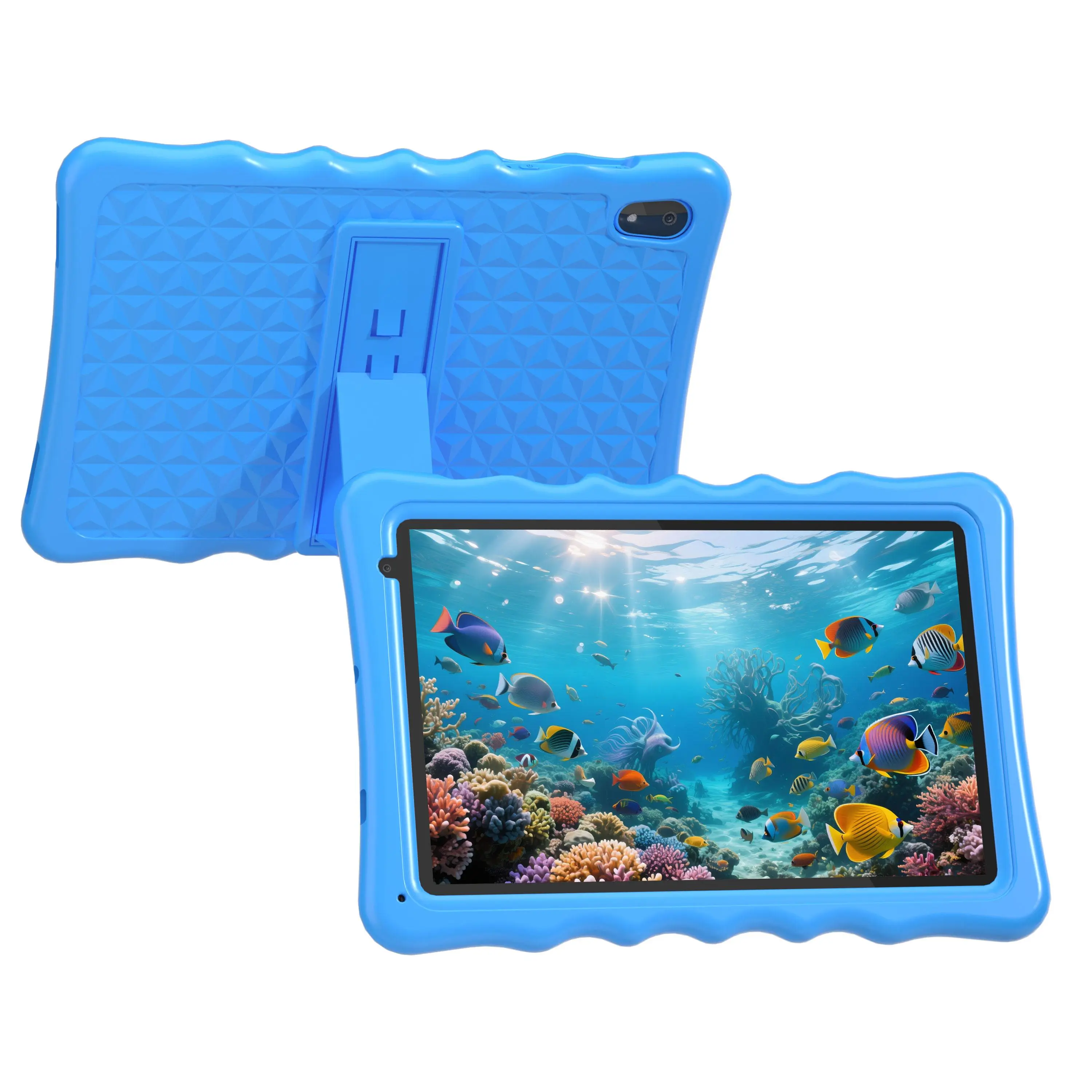 BBYBUO 10.1 Inch Android 14 Kids Tablet with Silicone Case 8GB RAM 32GB ROM Light Blue Educational Apps Shockproof Design TF Card Slot Cellphone Tablet