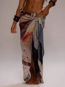 SIRENA Summer Vacation Outfit Resort Mesh Sheer Floral Graphic Print Tie Long Sarong Elegant Boho Flower Beach Wrap Skirt for Holiday Party