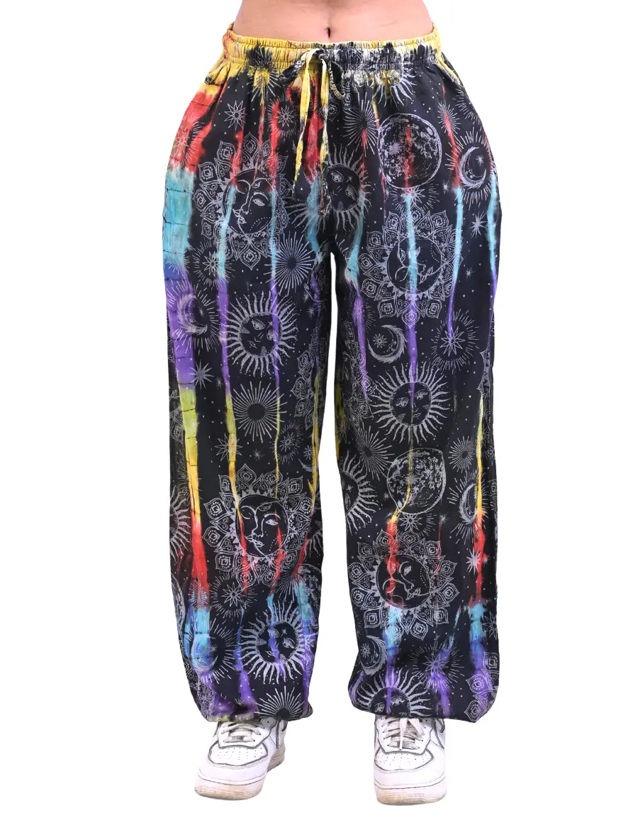 Caravan Closet Women's Boho Harem Pants - Soft, Elastic, Breathable Cotton, Sun-Moon Print, Tie-Dye, 1-Piece, Everyday Bottoms, Comfortable, Fit, Light, Style