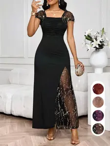 Women's Spring Summer Sequin Mesh Sleeve High Slit Plain Dress, Elegant Slim Fit Long Gown for Formal Evening Party