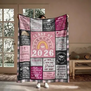 Class of 2026 Black Pink Flannel Throw Blanket - College-Themed Blanket with Collage Grad Quotes, Rainbow Cap, Soft Cozy Warm for Couch Bed, Gift for Her, Aesthetic Room Decor Keepsake, College-Themed Blankets