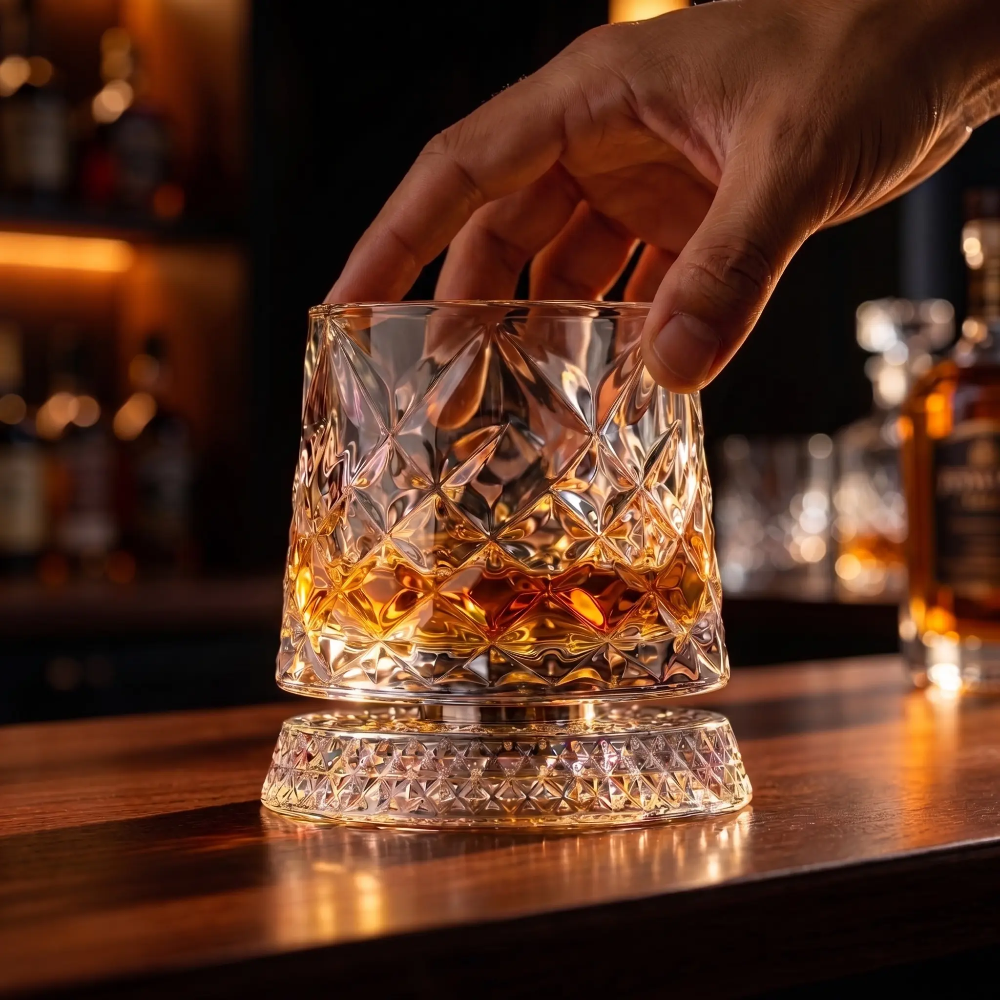 Premium 360° Spinning Crystal Whiskey Glass, Lead-Free Rotating Cut Tumbler, Luxury Barware, Unique Gift for Men, Elegant Rotatable Glass Cup for Spirits and Cocktails