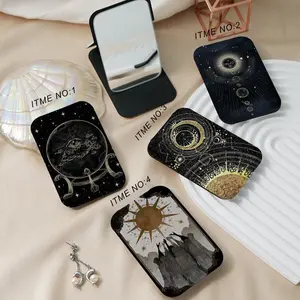 Portable Folding Makeup Mirror, 1 Count Retro Style Makeup Mirror with Galaxy & Sun & Moon Pattern, Suitable for All Occasions, a Gift for Family, Sisters, and Friends