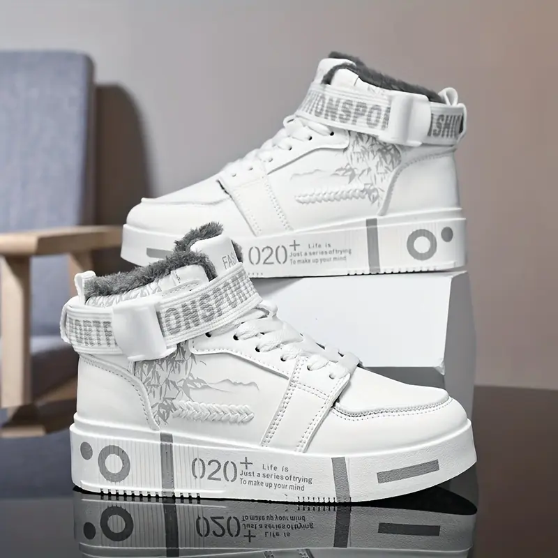 Men's Winter Fleece-Lined Sneakers - Stylish High-Top Casual Shoes with Buckle Closure, Warm & Comfortable for Outdoor/Indoor Use