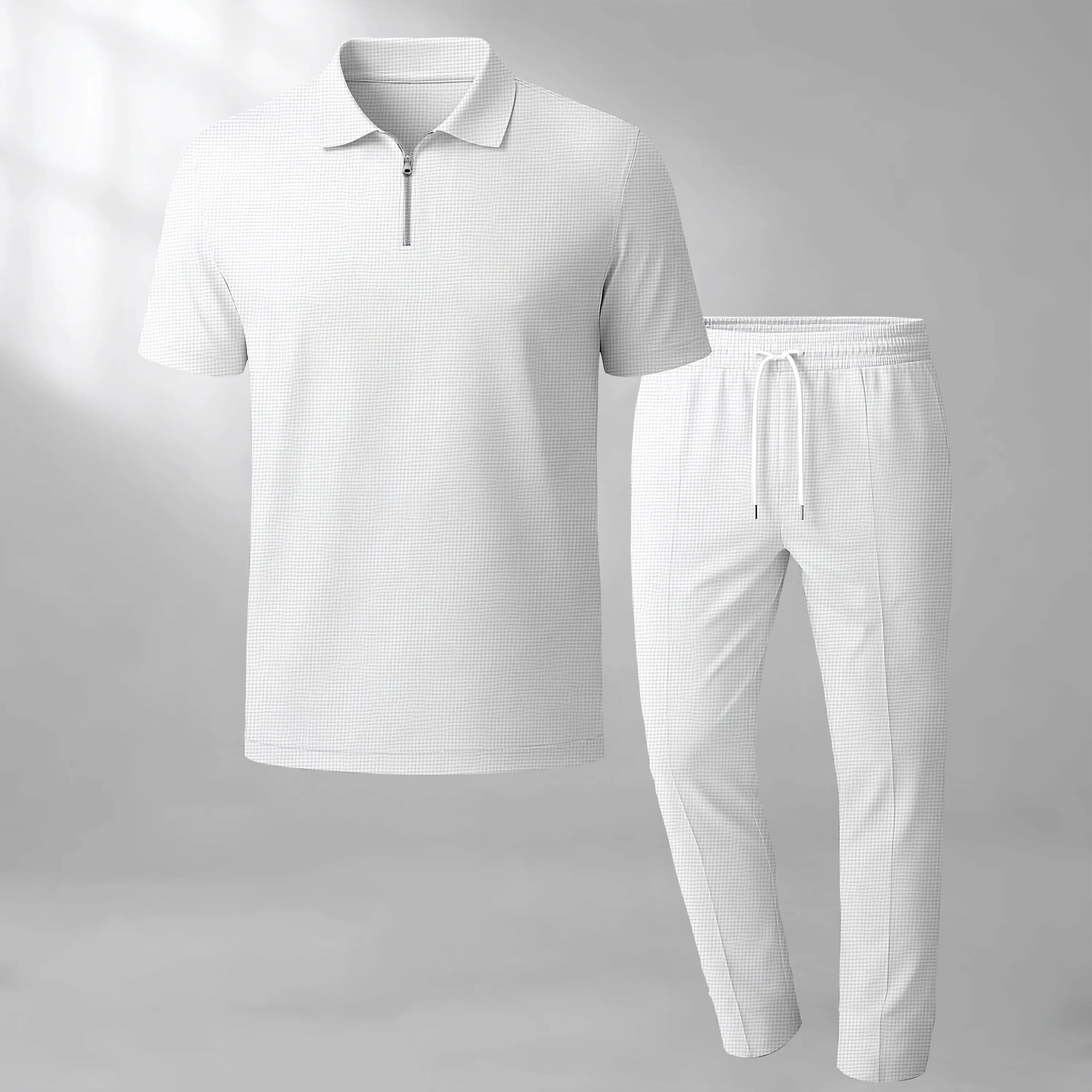 Men's Short-Sleeved Polo Shirt With Zipper Collar And Matching Trousers Two-Piece Set, Made Of Waffle Knit Fabric, Breathable And Comfortable, Soft Texture, Loose Fit, Suitable For Everyday Casual Wear.