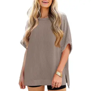 Womens Oversized T Shirts Summer Casual Ribbed Batwing Short Sleeve Tunic Tops Loose Fit Dolman Sleeve Tees Soft