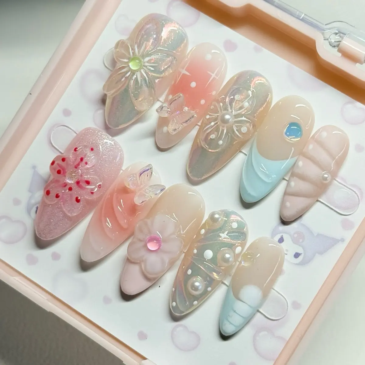 Nailennium FAIRY WHISPER Premium Handmade Press On Nails | 10pcs Press On Nails | Long nails | Almond nails | Short nails | Stiletto nails | Ballerina nails | Square nails | Coffin nails | Acrylic nails I Cute | Glossy press-on nail reusable press false n