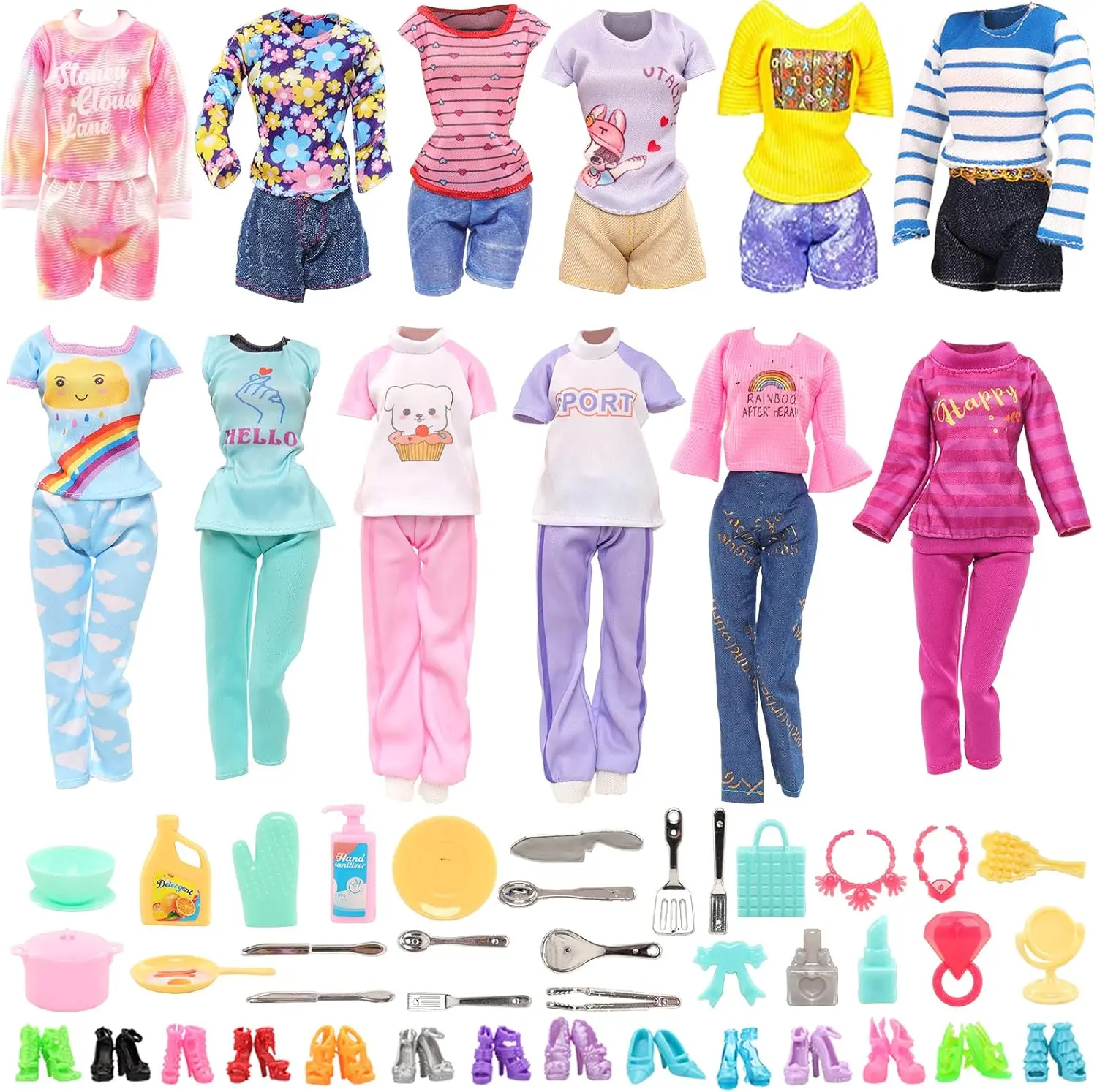 40 PCS Doll Clothes & Makeup Accessories Set for 11.5 Inch Dolls – 6 Outfit Sets, 10 Shoes, 15 Makeup Accessories & 9 Tableware Pieces