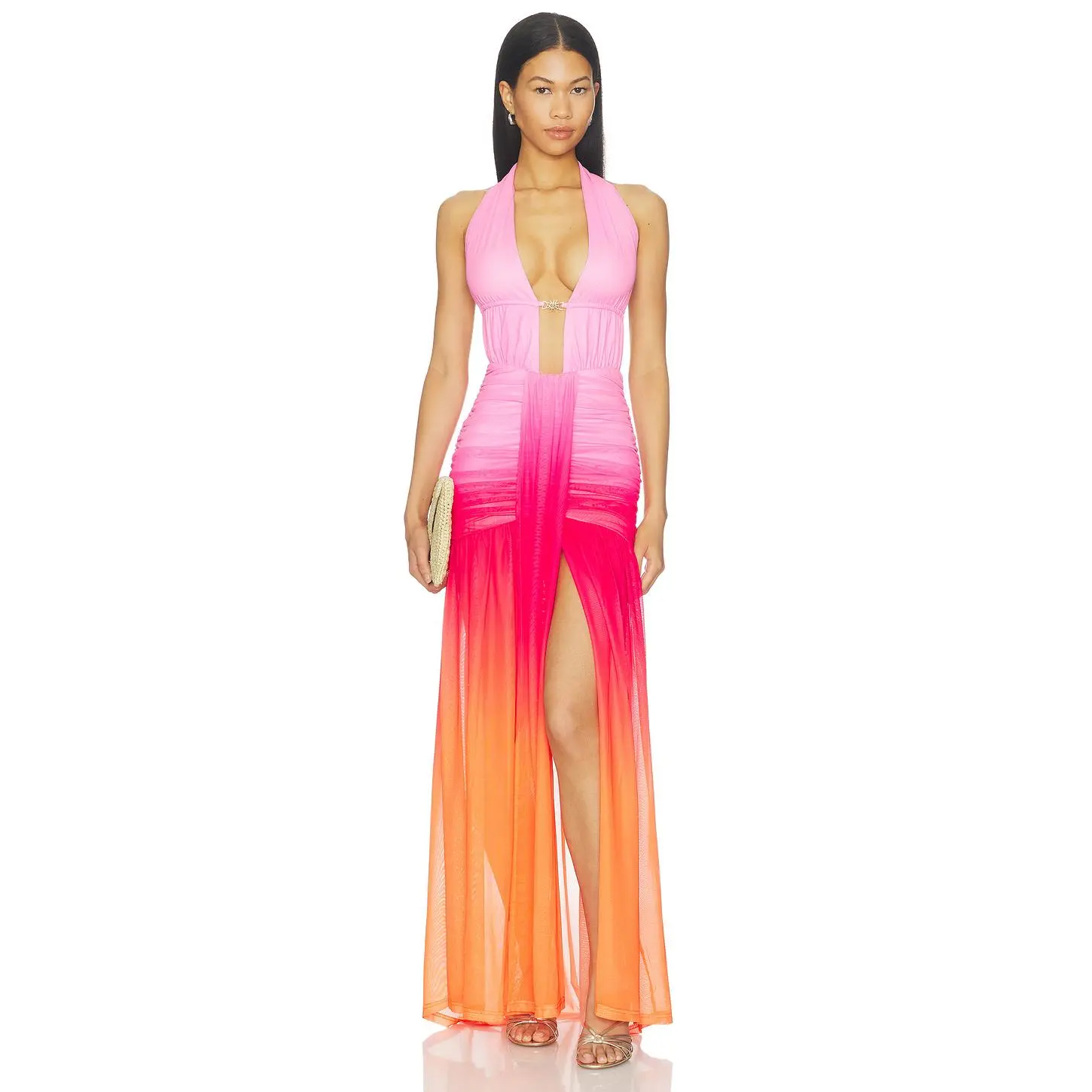 Runaway The Label Adrianna Plunge Ruched Maxi Dress in Tropicale Ombre