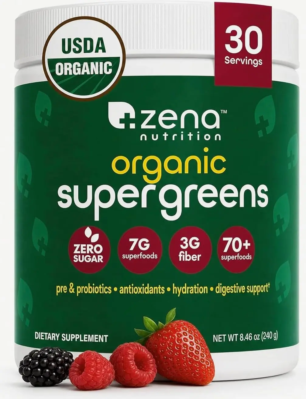 Organic Super Greens Powder, 70+ Superfoods, 0 Sugar, 3G Fiber, Spirulina, Chlorella, Antioxidants, Prebiotics/Probiotics, Digestive Enzymes, Mixed Berry, 30 Servings