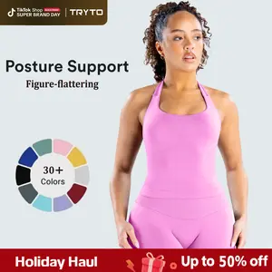 TRYTO Impact Halter Top Fitness Sportswear Gymwear Sports Yoga Tanks Women Solid Removable Chest Pad Casual Comfy Sleeveless Open Back Athletic Yoga Workout Gym Outdoor Running Tank Tops
