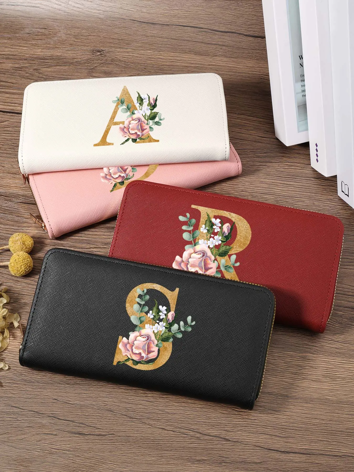 Chic Initial Floral Rose Long Zipper Wallet, Versatile Large Capacity Monogram Full-Zipper Clutch Bag Lightweight Multi-Slot Card Holder for Women Daily Use & Travel