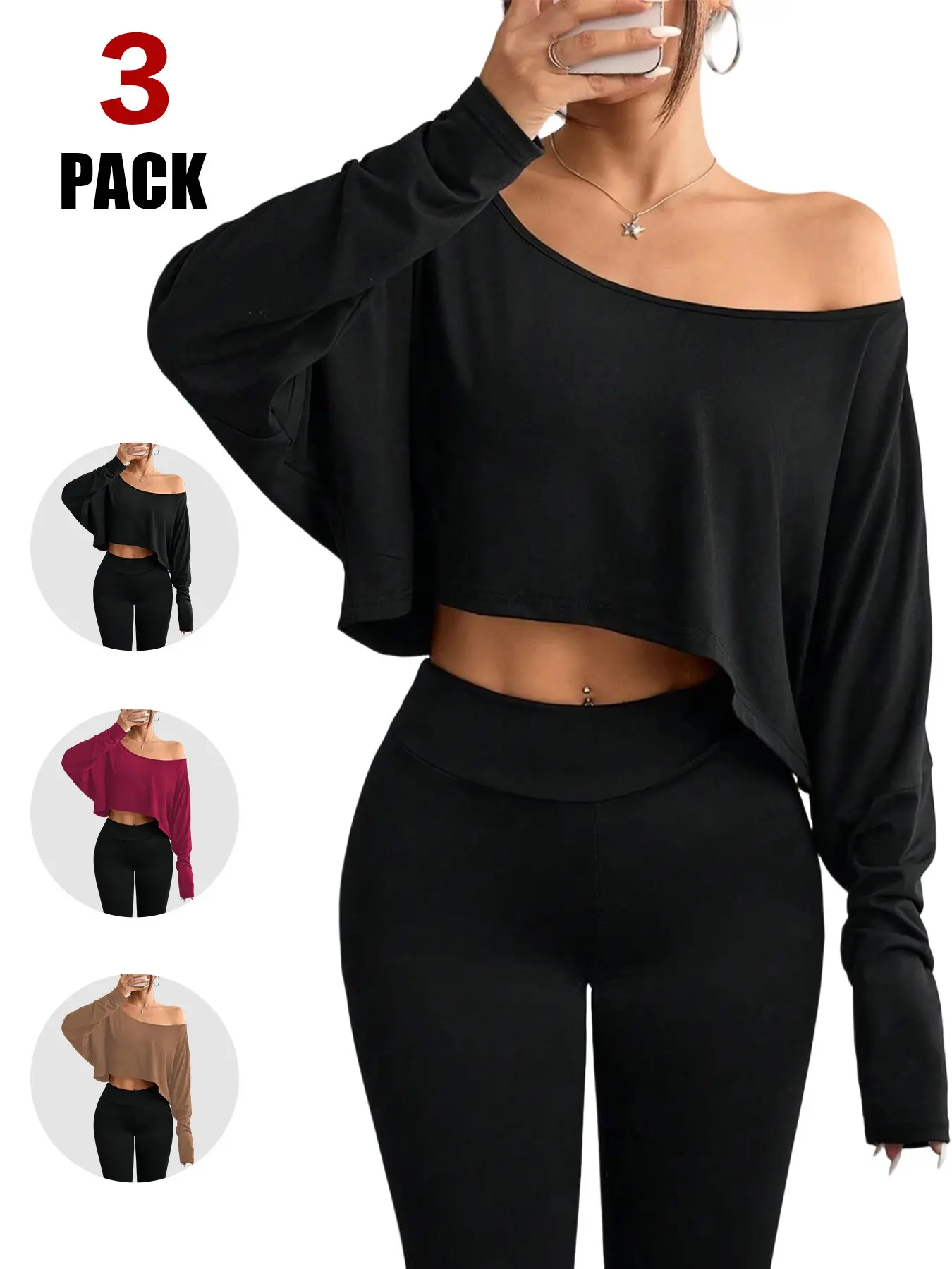 2026 Women's Off Shoulder Cropped Long Sleeve Top, Loose Fit Asymmetric Neckline Casual Crop Tee, Soft Breathable Drop Shoulder Blouse for Daily & Workout All Season