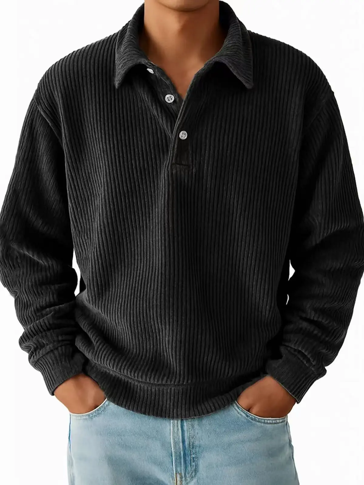 Men's Vintage Vertical Knit Textured Long-Sleeve Polo Shirt - Soft Drapey Rib Cotton Fabric, Relaxed Loose Fit, Minimalist Basic Plain Menswear, Outdoors All-Seasons Casual Top (Black)