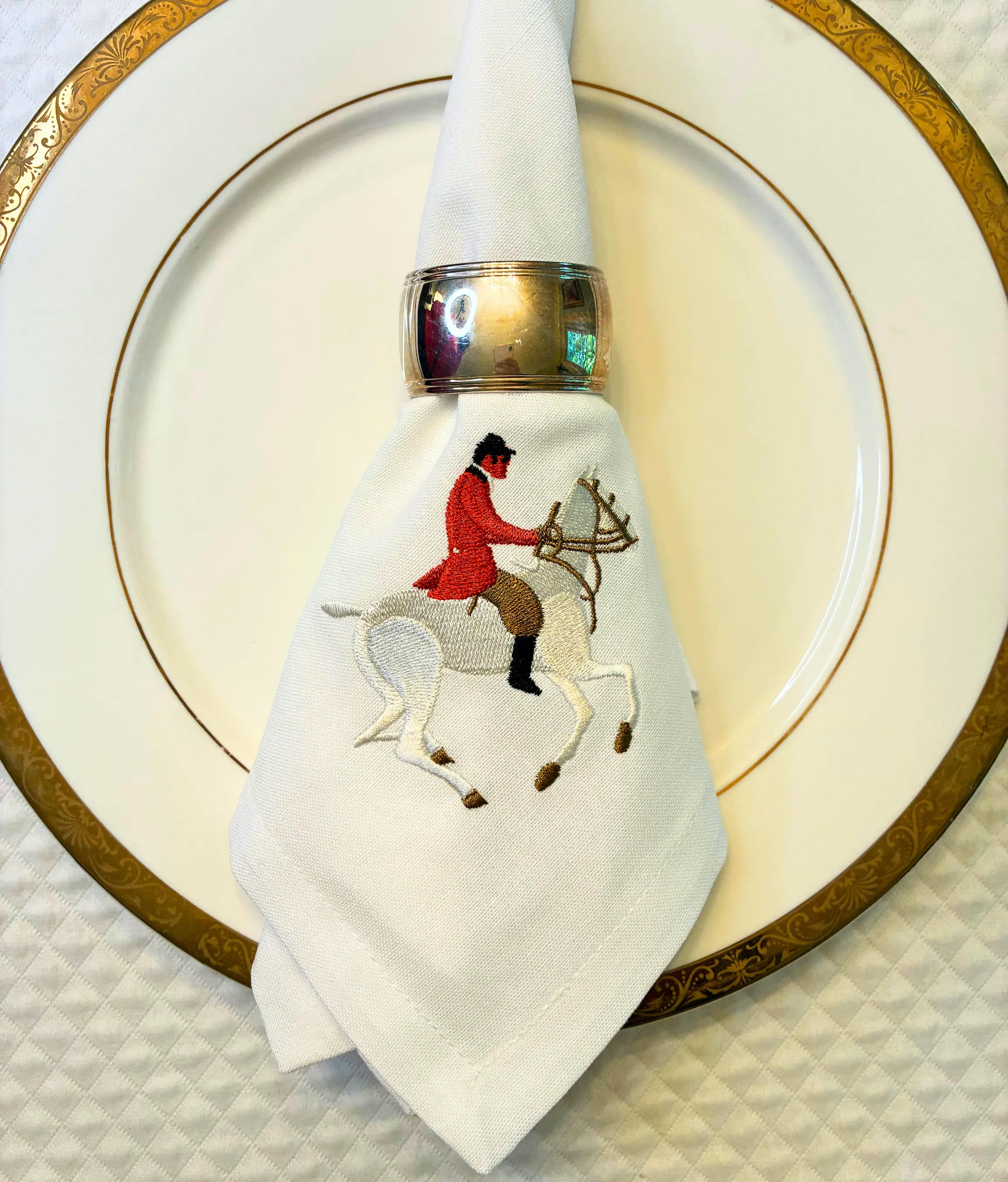 Horse Jumper Embroidered Linen and Cotton Dinner Napkin