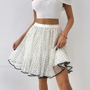 Woman's Vintage Polka Dot Mesh Ruffle Skirt, High Waist A-line Mini Skirt, Breathable Lightweight, Non-see-through Comfy, Spring Summer, Slimming Hide Belly Hide Hips, Versatile For Dating Picnic Campus Shopping Party, Sweet Flowy Casual Skirt