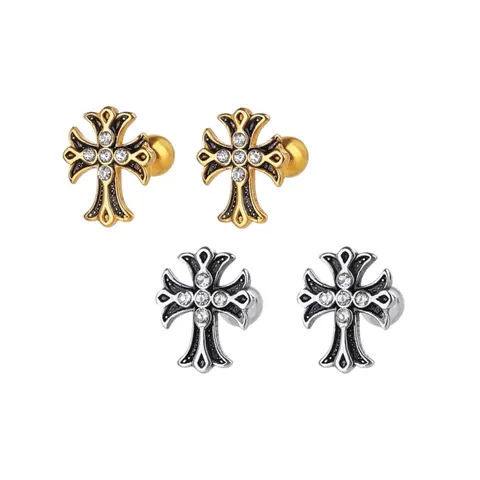 Screw-Back Cross Stud Earrings for Men Women,Streetwear Hip Hop Unisex Style