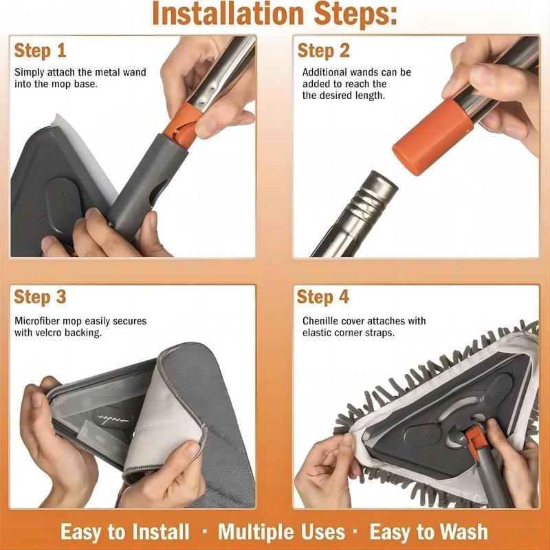 Long Handle Wall Mop & Baseboard Cleaner - Multi-Surface Dusting Tool for Walls, Floors, Baseboards - Wet/Dry Cleaning Mop with Adjustable Handle (Home & Kitchen Use)