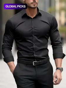 Men's Solid Color Plain Long Sleeve Shirt, Regular Fit Casual Button-Up Collared Top for Office Business, Men's Clothes for All Seasons, Casual Fitted Shirt, Casual Button Down