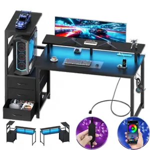 59 Inch Gaming Desk with LED Lights and USB Ports, Computer Desk with 3 Fabric Drawers Monitor Stand Power Outlets, Reversible Storage Shelf for Home Office Gaming Room