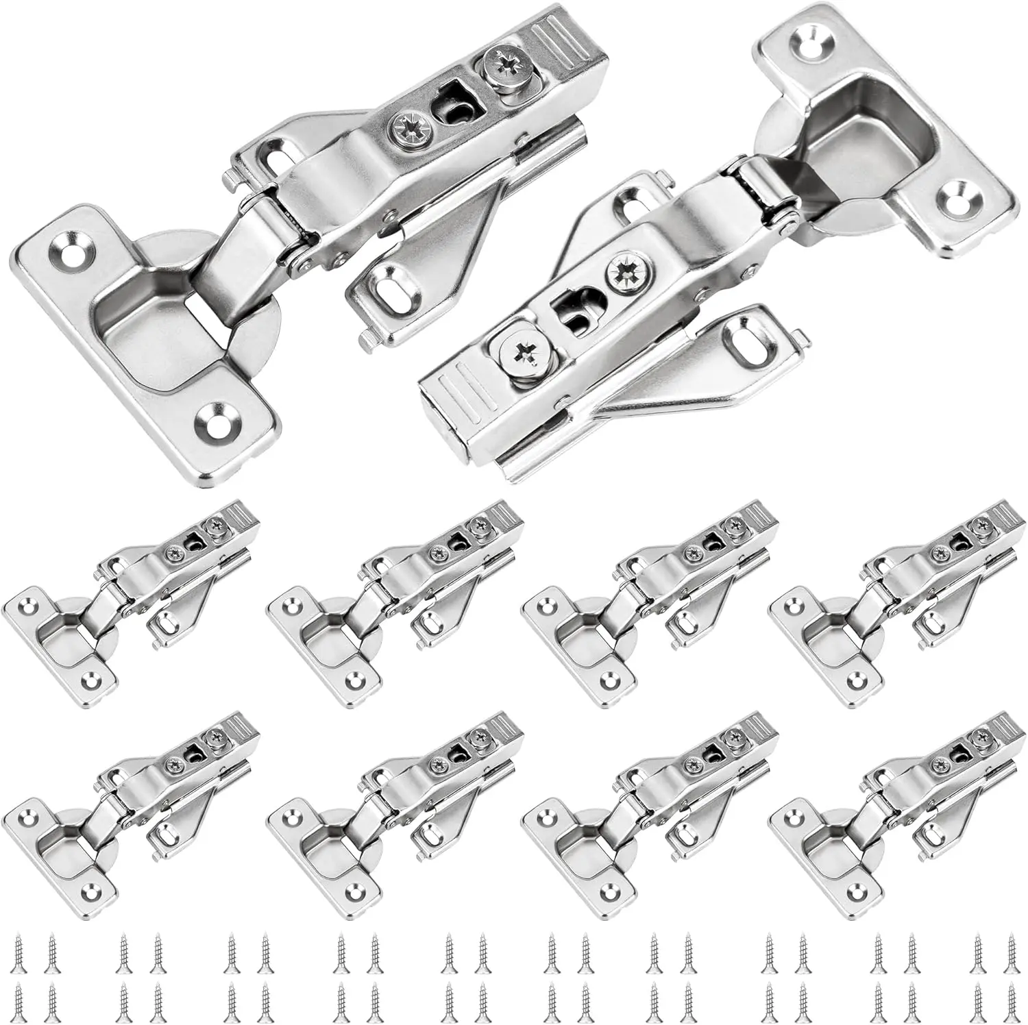 10 Pack 1/2" Overlay Soft Close Hidden Cabinet Hinges, 105 Degree 3-Way Adjustable Clip-On Plate Concealed Hinges for Kitchen Cupboards & Bathrooms, 35mm Cup Diameter, 10.5mm Depth, with Screws