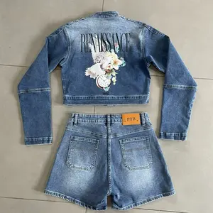 Renaissance Denim Set - Women's Floral Embroidered Jacket & High-Waisted Shorts Two-Piece Outfit