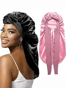 High Quality Silky Long Adjustable Satin Bonnet Wide-Brimmed Extra Large Size Nightcap with Elasticated Floppy Band for Natural Curly Hair